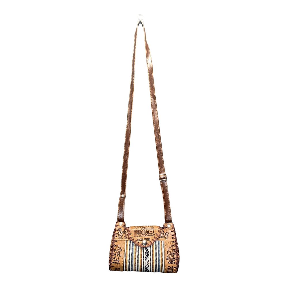 Handmade Purse Bolivia Hand Tooled Leather & Canvas Llamas Alpacas Butterfly